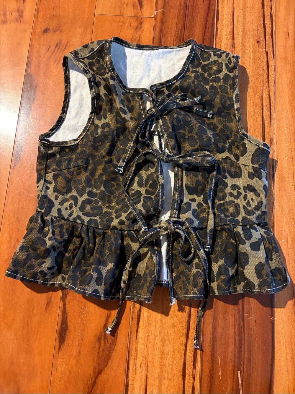 SHEIN Brown & Black Leopard Tie-Front Peplum Vest with Ruffle Hem